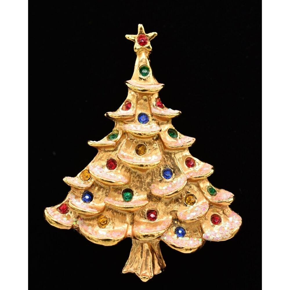 Vintage Christmas Tree Pin Brooch Snow Glitter Enamel Rhinestone Crystal Bin4